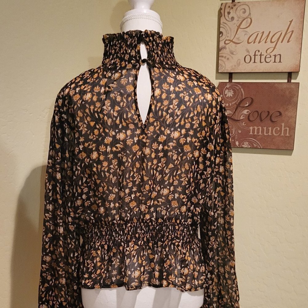 Mira Shirred Blouse MINKPINK sheer Black/Brown high collared Blouse Sz: L NWT - Picture 9 of 11